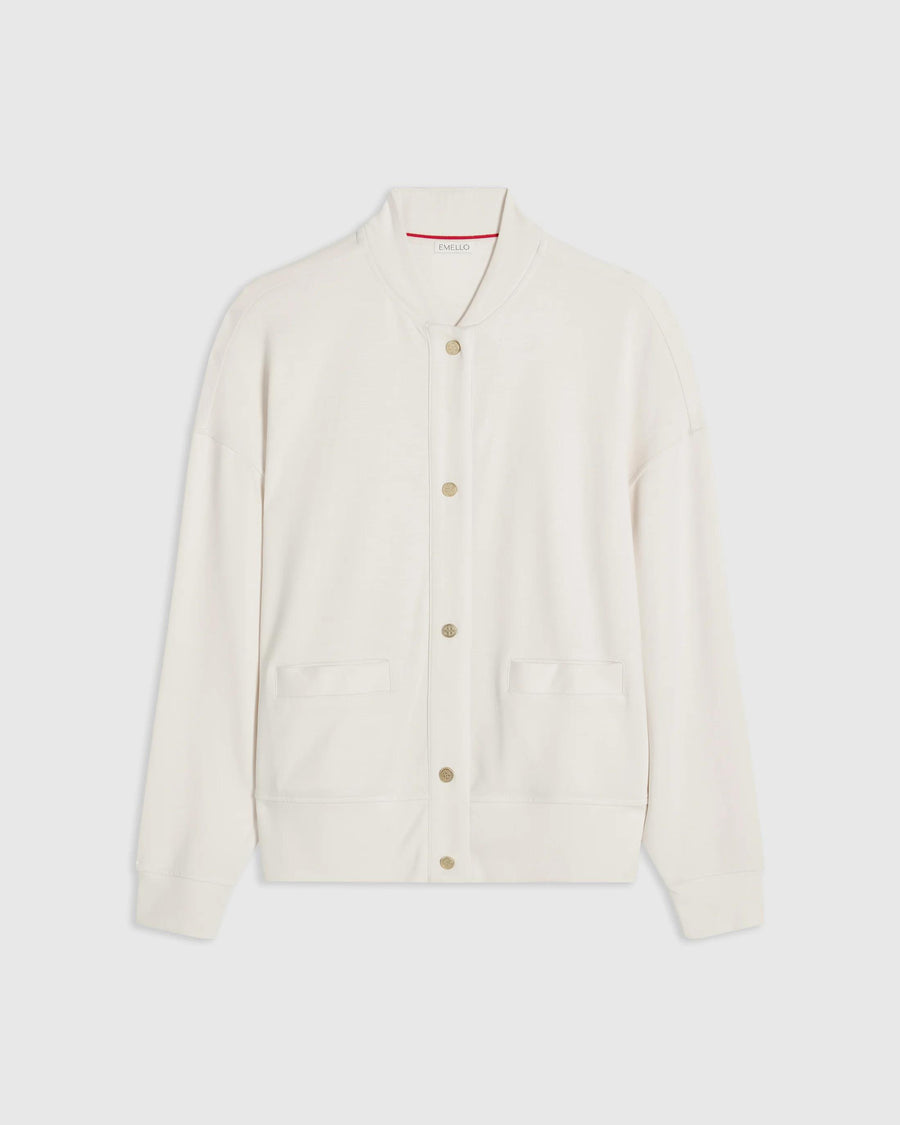Cream Modal Popper Jacket by Emello, featuring a collarless design with popper fastenings and smooth finish.