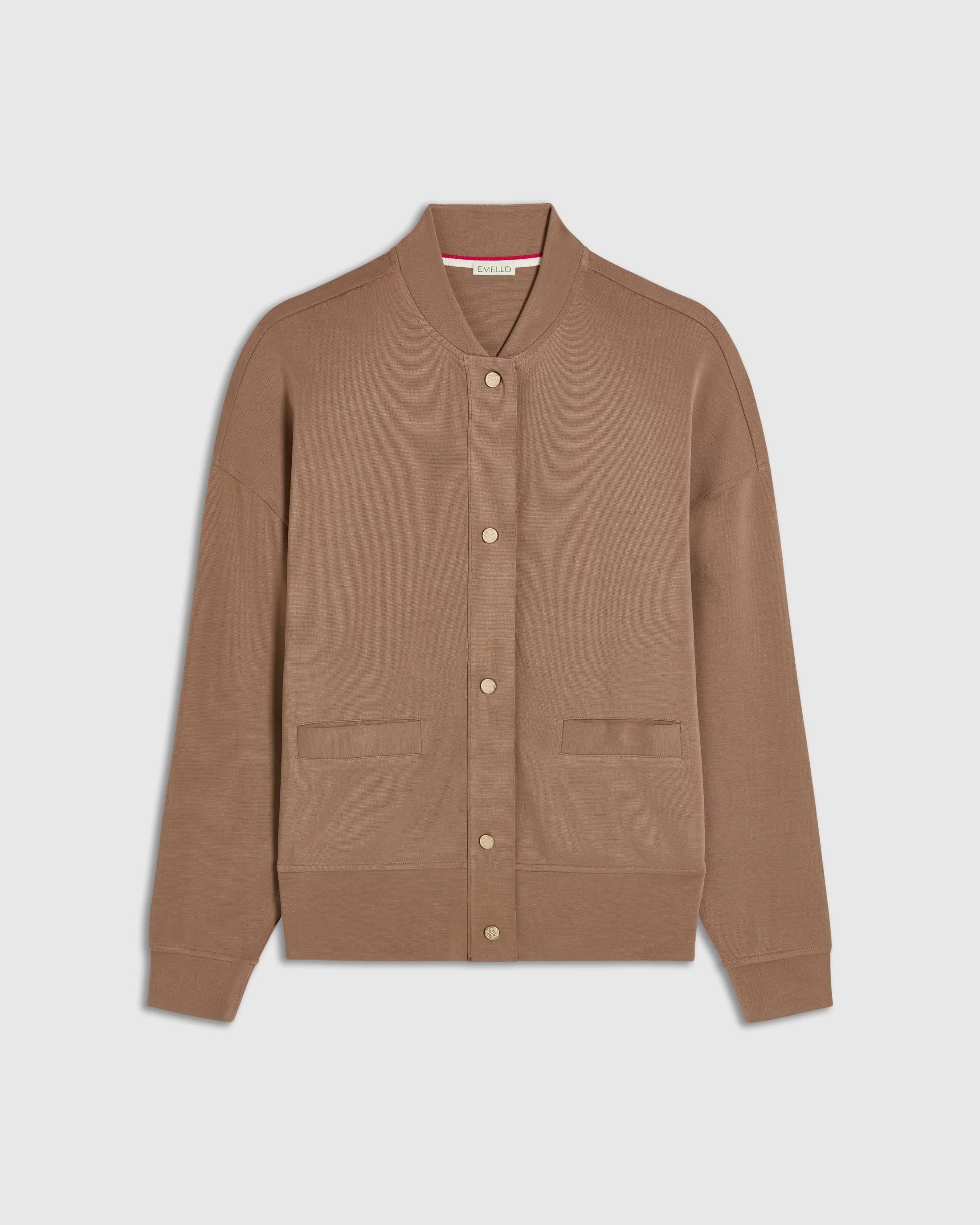 Brown Modal Popper Jacket by Emello, showcasing a collarless design with gold popper fastenings, relaxed shoulders, and elegant tailoring.