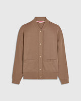 Brown Modal Popper Jacket by Emello, showcasing a collarless design with gold popper fastenings, relaxed shoulders, and elegant tailoring.