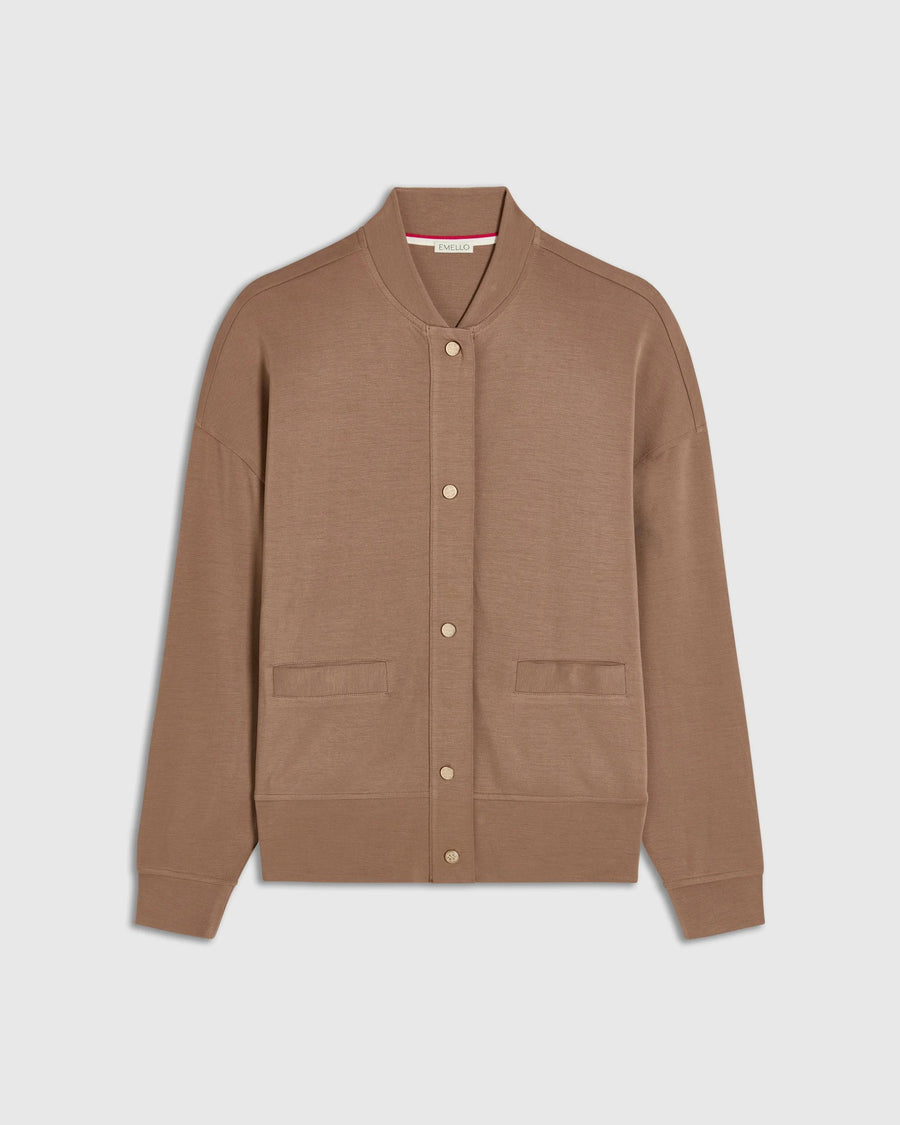 Brown Modal Popper Jacket by Emello, showcasing a collarless design with gold popper fastenings, relaxed shoulders, and elegant tailoring.