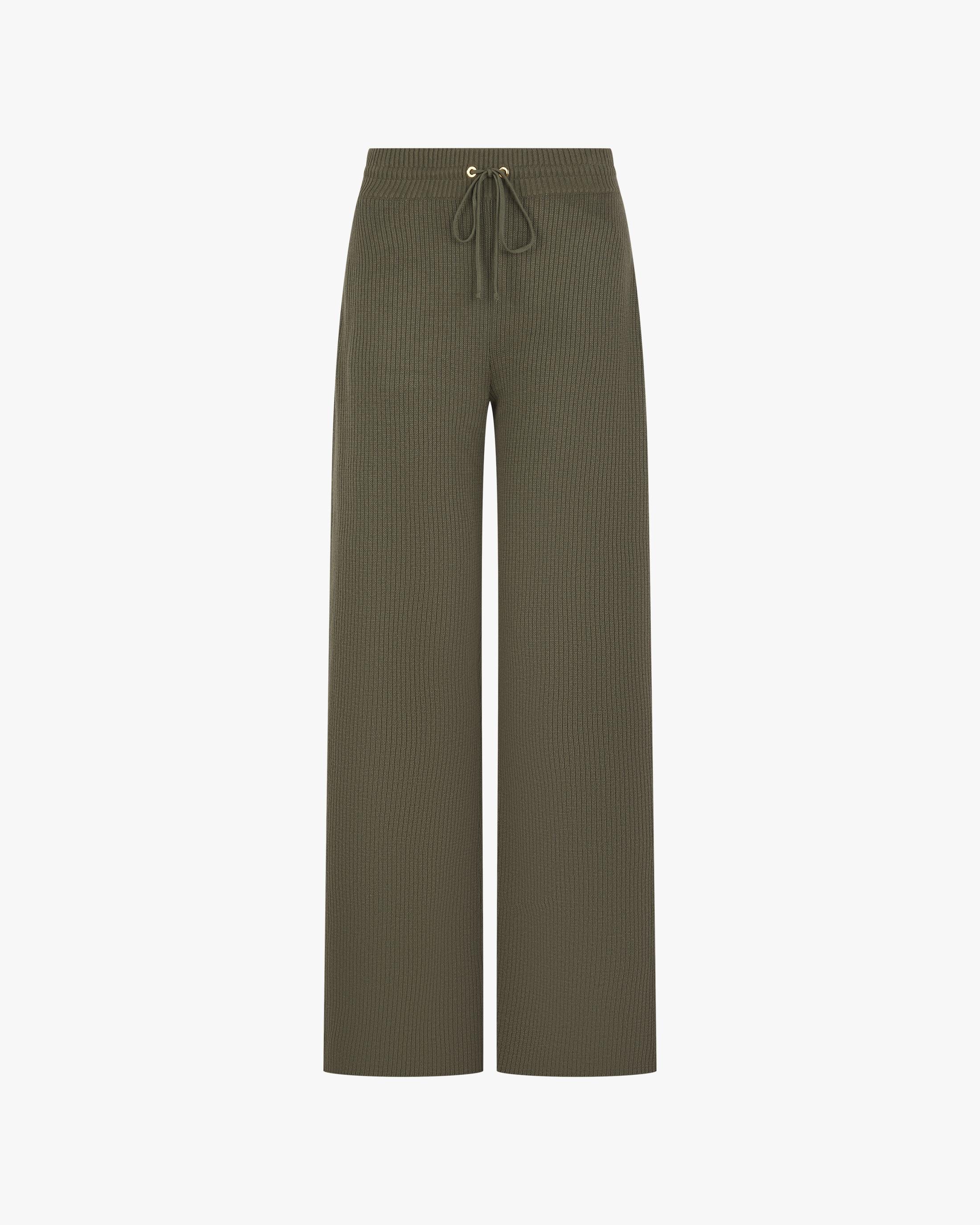 Olive ribbed wide-leg trouser in cotton-cashmere with gold hardware.