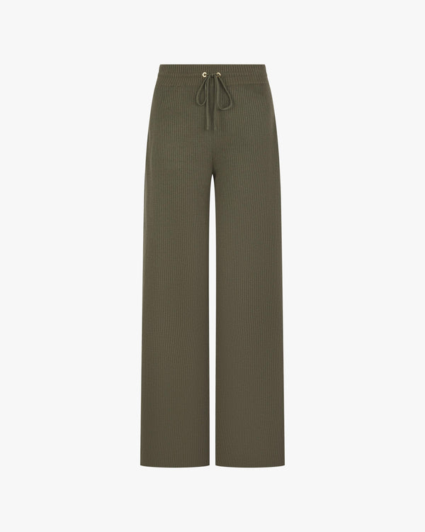 Olive ribbed wide-leg trouser in cotton-cashmere with gold hardware.