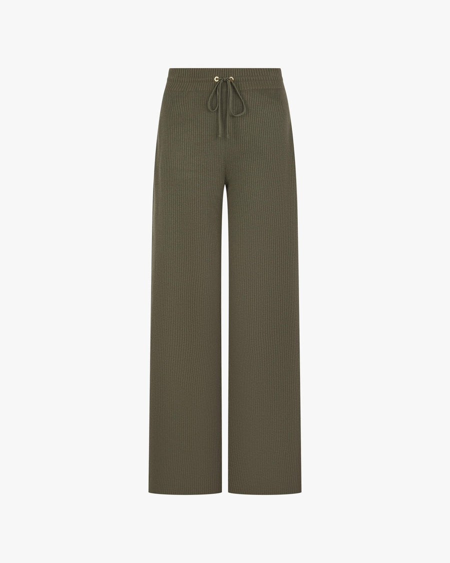 Olive ribbed wide-leg trouser in cotton-cashmere with gold hardware.