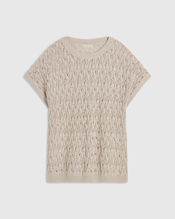 Elegant open-knit short-sleeve top with intricate stitching and neutral beige hue.