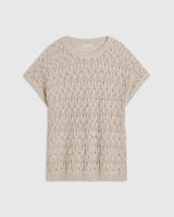 Elegant open-knit short-sleeve top with intricate stitching and neutral beige hue.