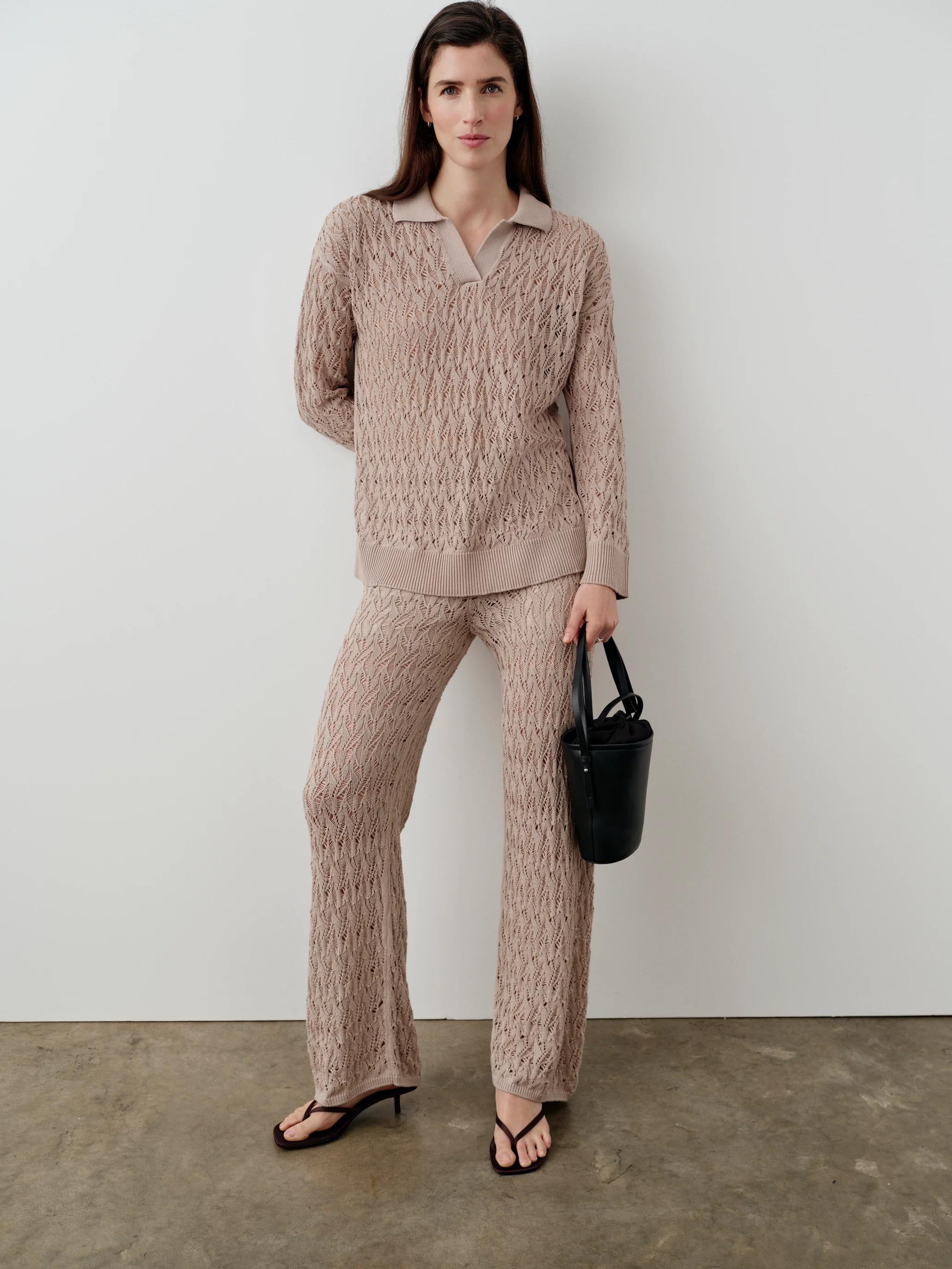 Open Knit Cotton Polo Top in Neutral Beige – Emello