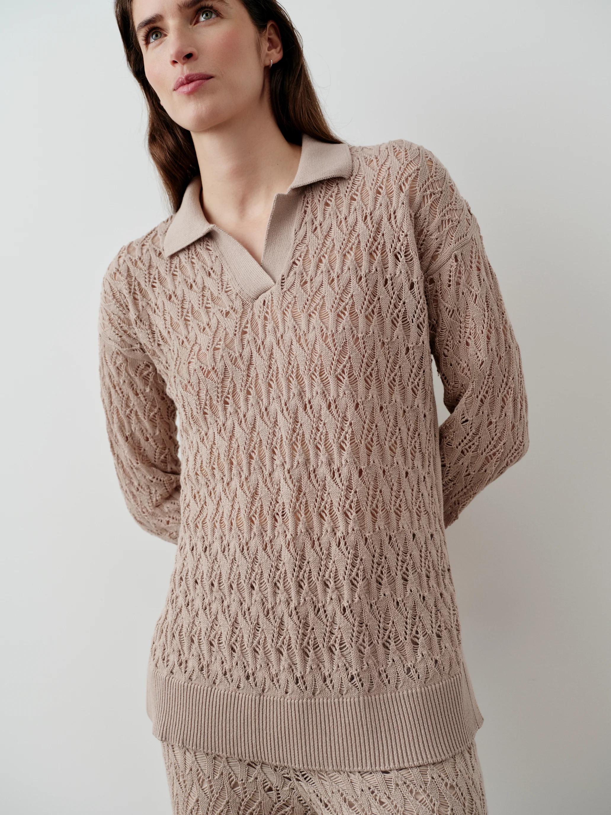 Open Knit Cotton Polo Top in Neutral Beige – Emello