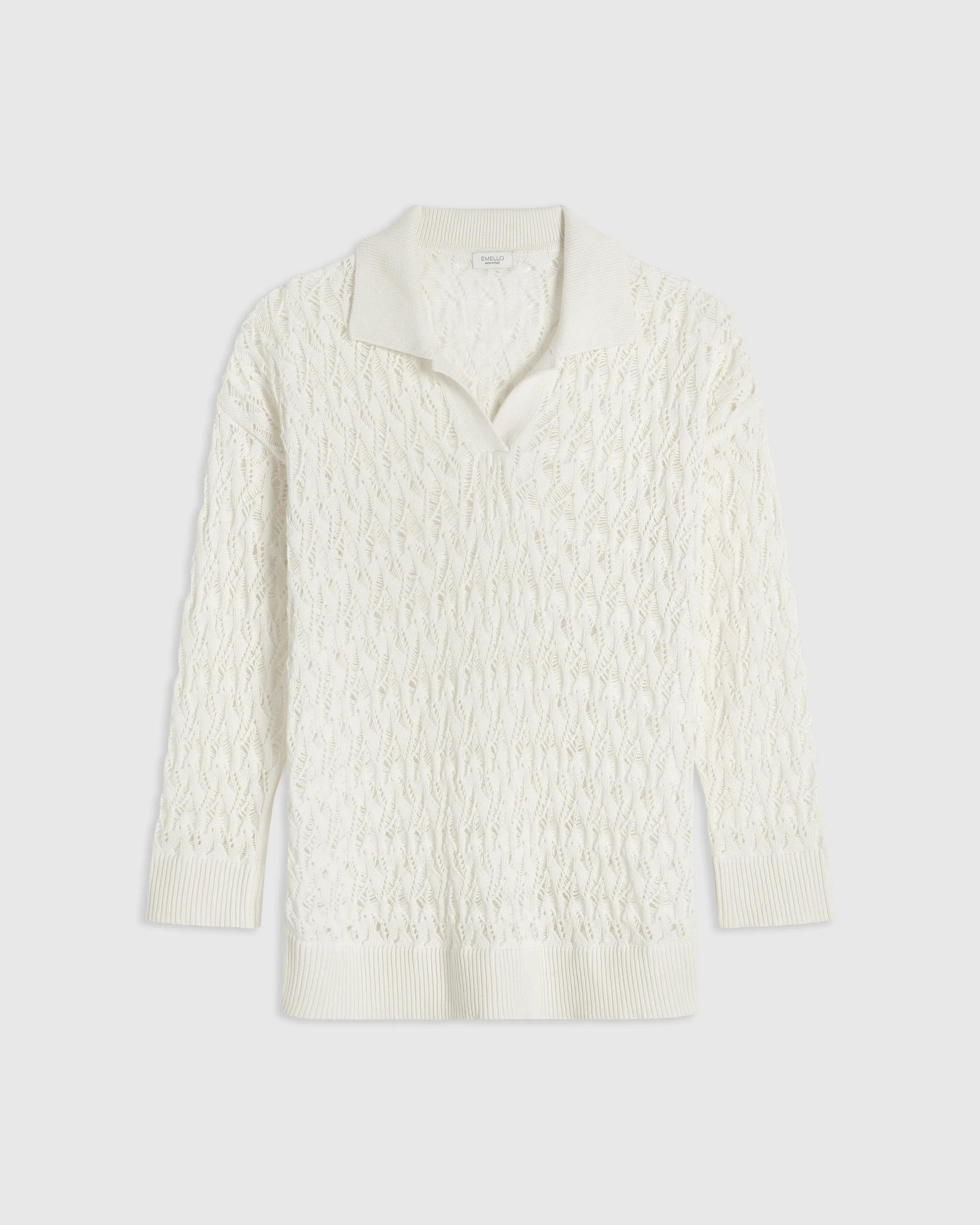 Emello Open Knit Polo Top in Cream, crafted from 100% Italian-spun cotton, showcasing an intricate open-stitch knit design.