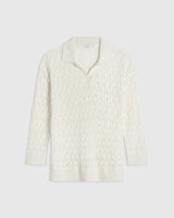 Emello Open Knit Polo Top in Cream, crafted from 100% Italian-spun cotton, showcasing an intricate open-stitch knit design.