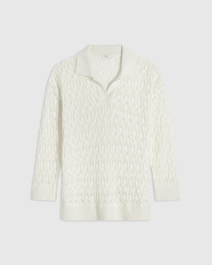 Emello Open Knit Polo Top in Cream, crafted from 100% Italian-spun cotton, showcasing an intricate open-stitch knit design.