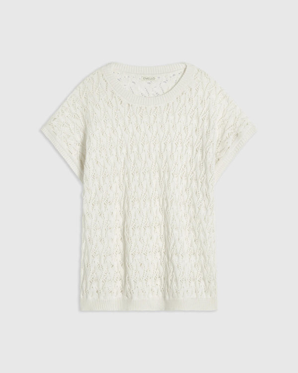 Cream open-knit short sleeve top with intricate pattern and round neckline by Emello.