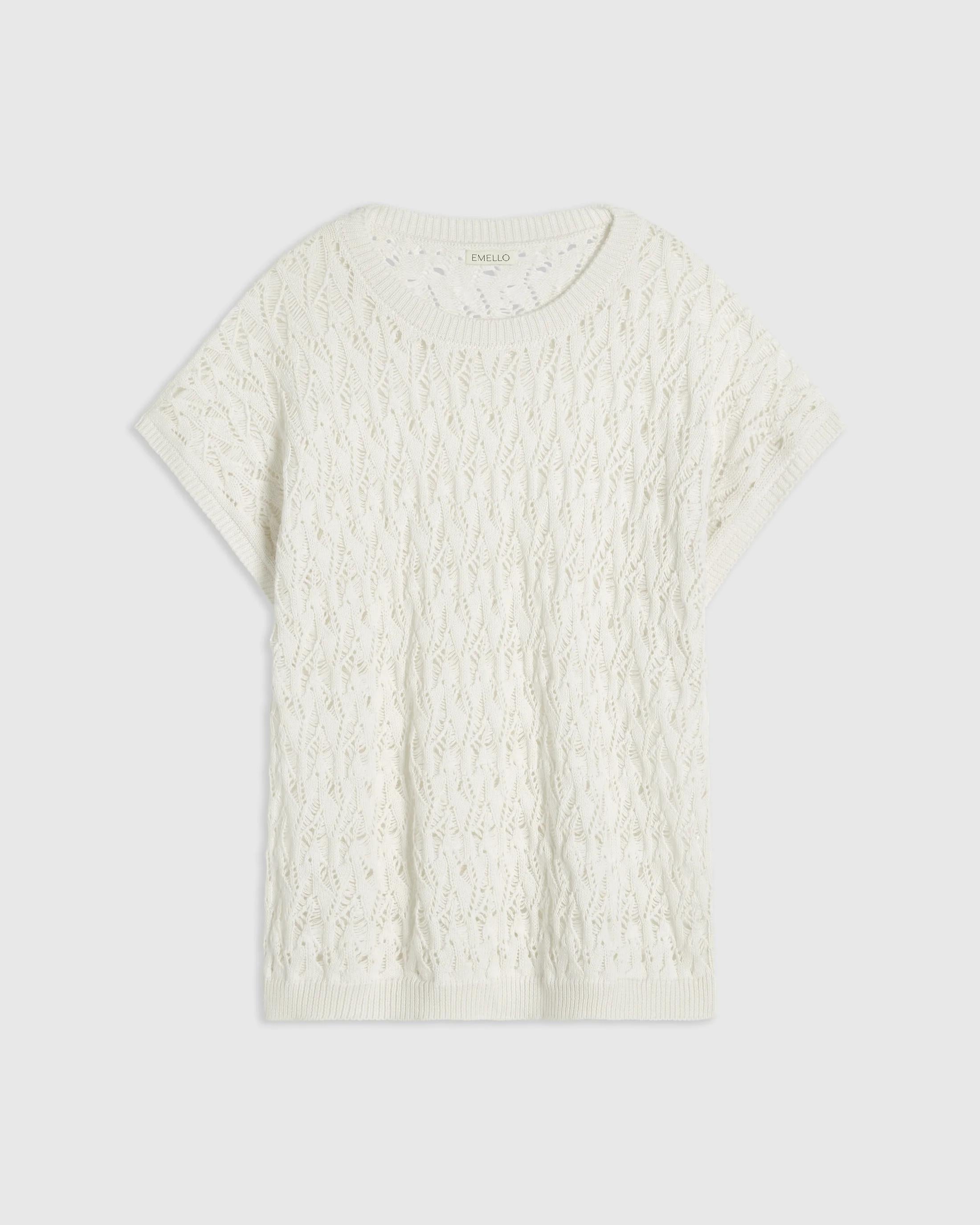 Emello Open Knit Short Sleeve Top in Cream, showcasing intricate open-stitch construction with soft drop shoulders.