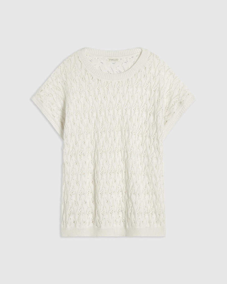 Emello Open Knit Short Sleeve Top in Cream, showcasing intricate open-stitch construction with soft drop shoulders.