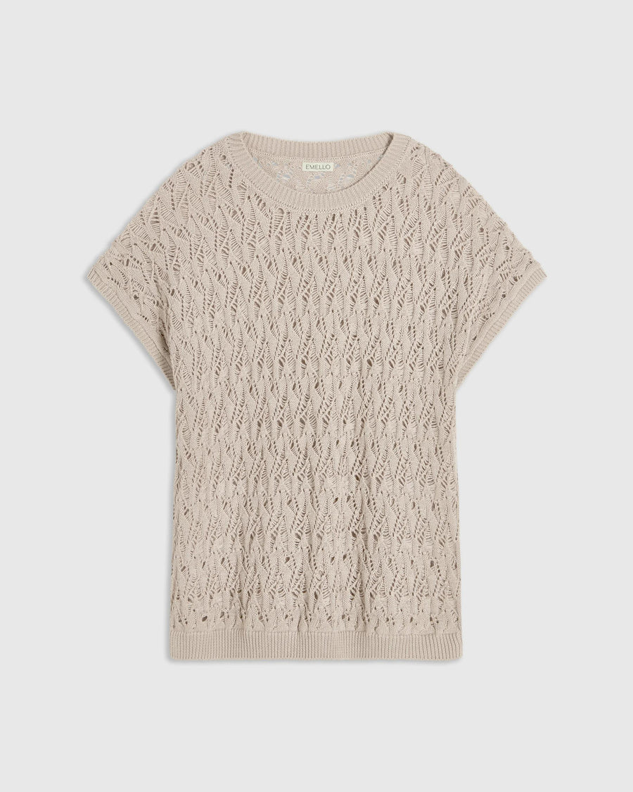 Elegant open knit short sleeve top in neutral beige, crafted from Italian-spun cotton by Emello.