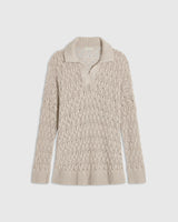 Emello open knit polo top in neutral beige with a textured, airy design and long sleeves.