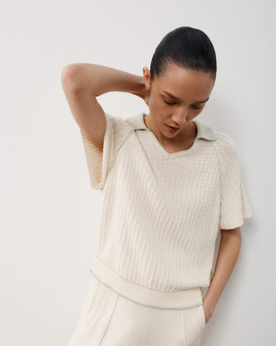 Emello Textured Knit Polo Top in white cotton, featuring crochet-effect detailing and relaxed fit.