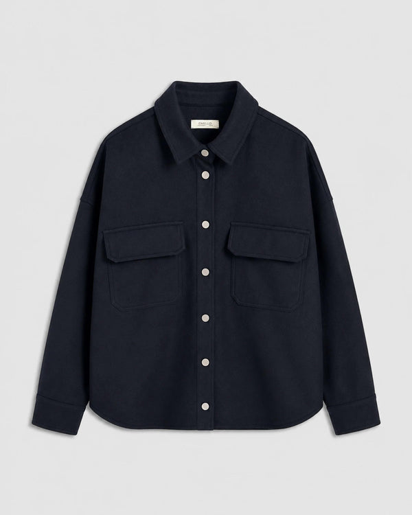 Emello Oversized Wool Overshirt in deep navy, featuring a relaxed silhouette with brushed-metal poppers and oversized chest pockets.