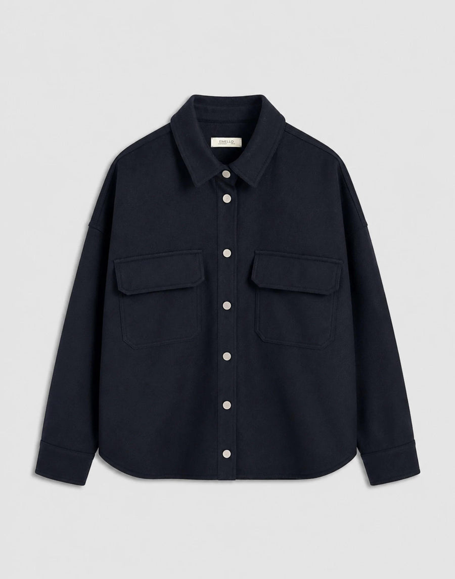 Emello Oversized Wool Overshirt in deep navy, featuring a relaxed silhouette with brushed-metal poppers and oversized chest pockets.