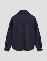 Back view of Emello's Oversized Wool Overshirt in deep navy, featuring a refined silhouette with a heritage-inspired back yoke.