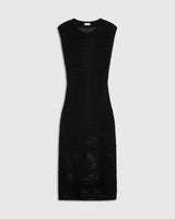 Panelled Open Knit Midi Dress in black against a light background, showcasing a refined, breathable silhouette with alternating knit patterns.