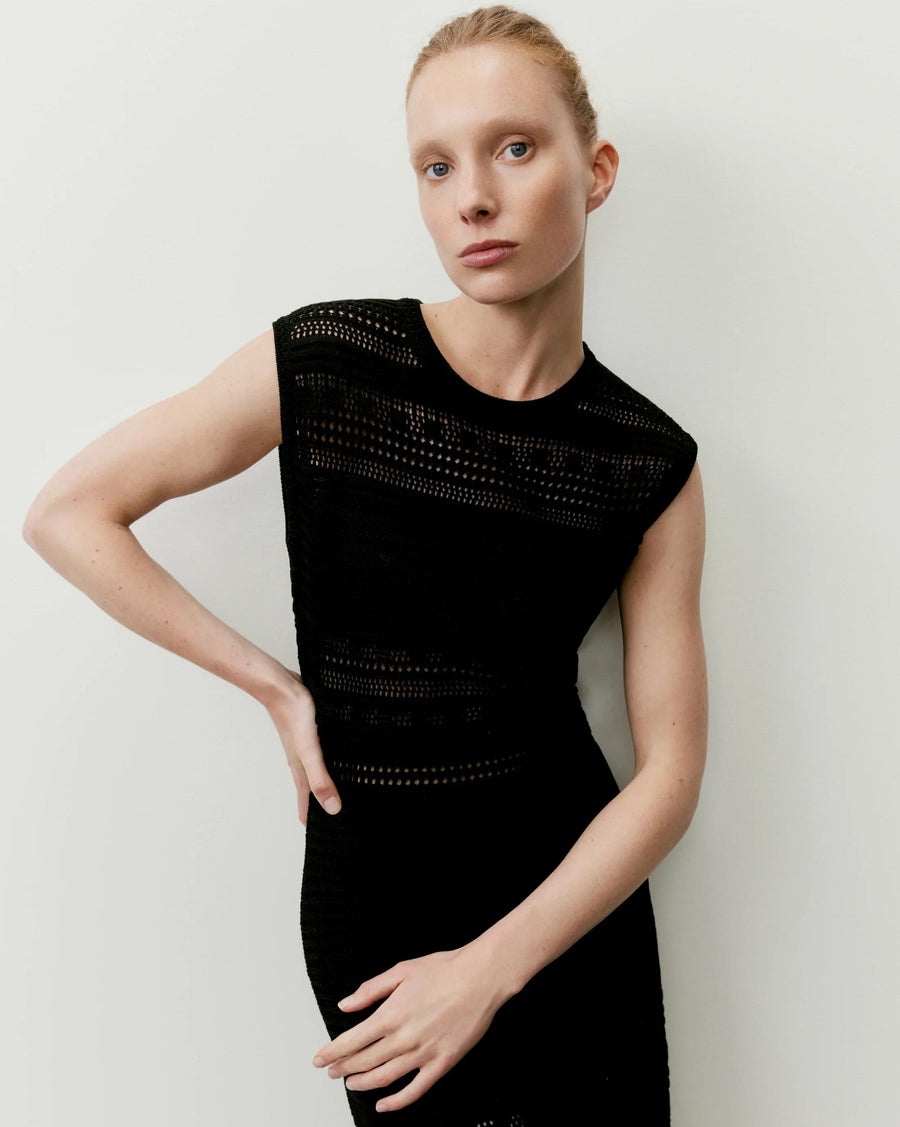 Panelled Open Knit Cotton Midi Dress in Black – Emello