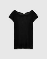 Emello Plissé Boat Neck Top in black viscose, exhibiting elegant lines and textile texture.