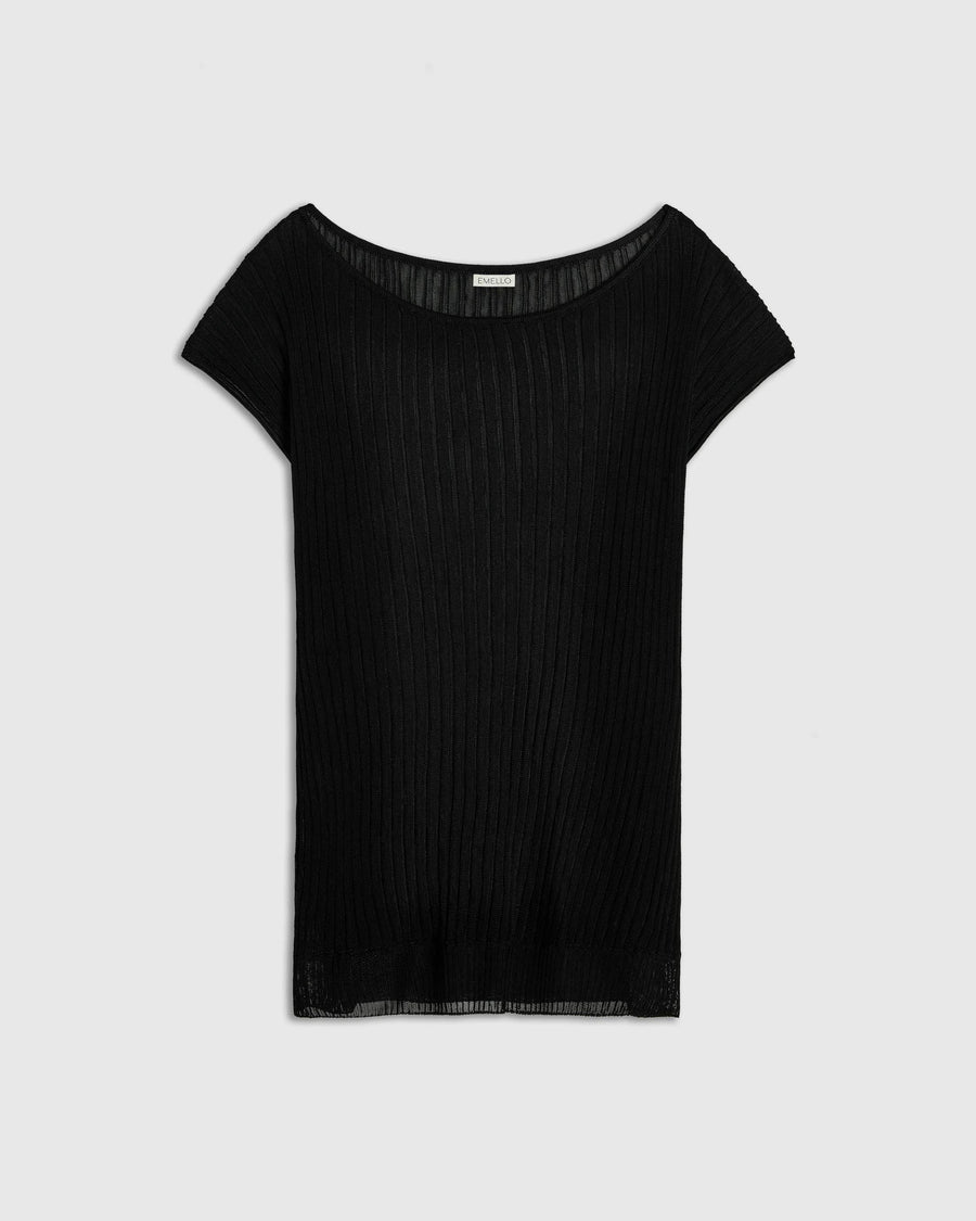 Emello Plissé Boat Neck Top in black viscose, exhibiting elegant lines and textile texture.