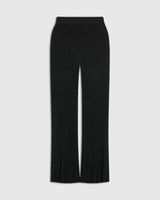 Emello Plissé Knit Trousers in elegant black viscose, featuring a wide-leg and vertical plissé lines for a fluid silhouette.