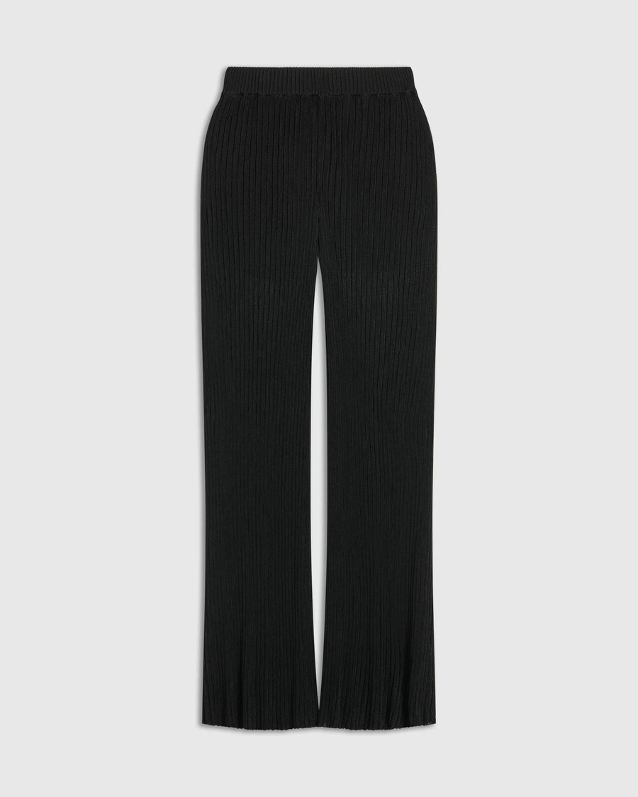 Emello Plissé Knit Trousers in elegant black viscose, featuring a wide-leg and vertical plissé lines for a fluid silhouette.
