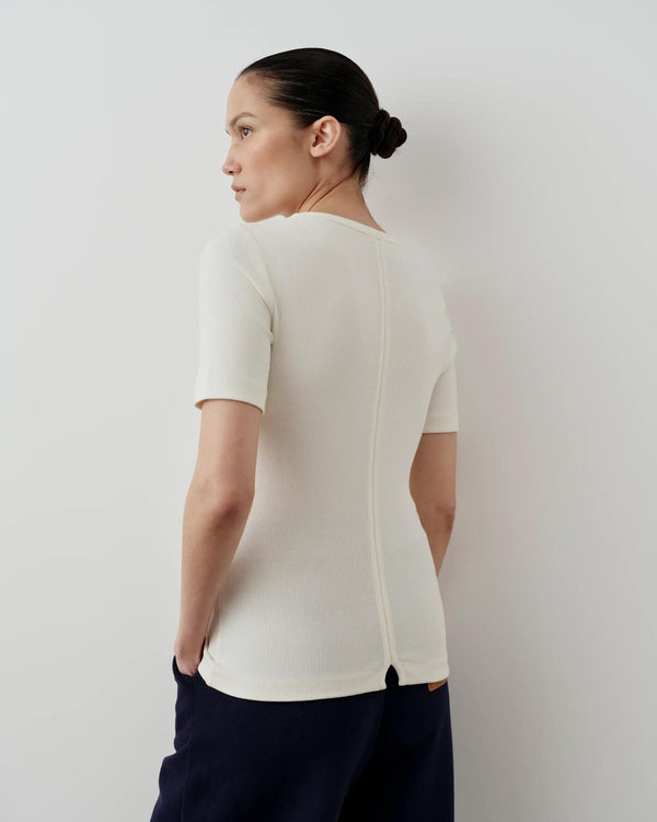 Emello Ribbed Pocket Tee in Cream, featuring a refined silhouette with tonal seam.