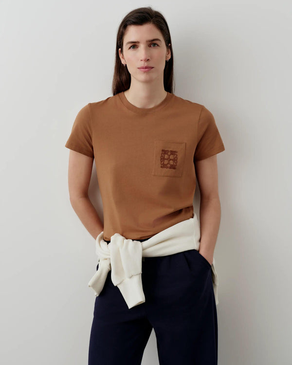 Emello Supima Cotton Pocket Tee in camel tone, regular fit with chest pocket embroidery.