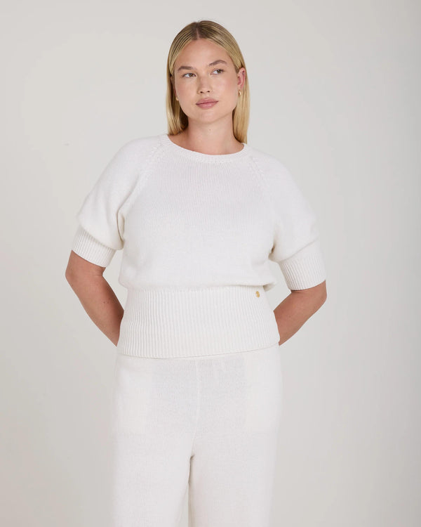 Emello Puff Sleeve Sweater in Cream Merino Wool Cashmere
