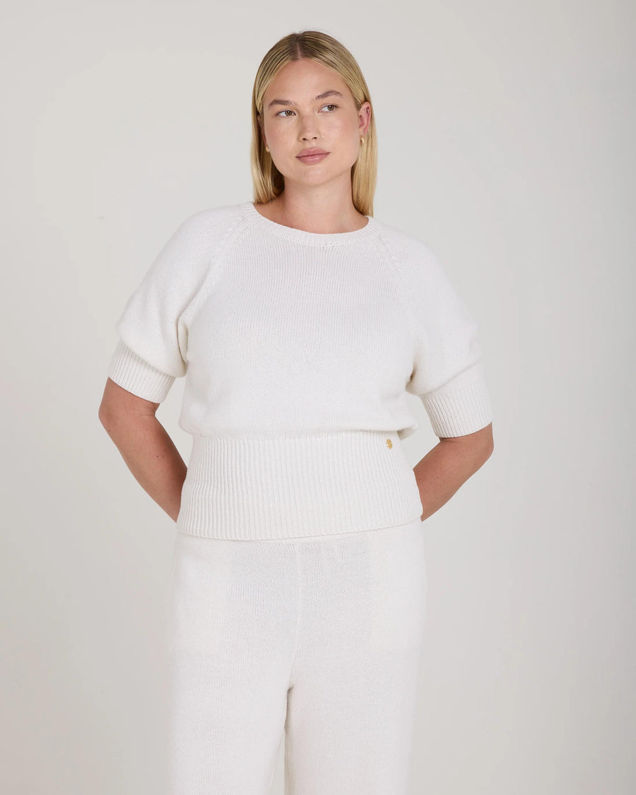 Emello Puff Sleeve Sweater in Cream Merino Wool Cashmere