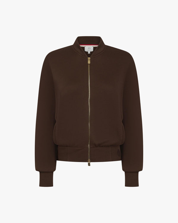 Front view of Emello's chocolate zip-through jacket in buttery-soft lyocell fleece with gold hardware.