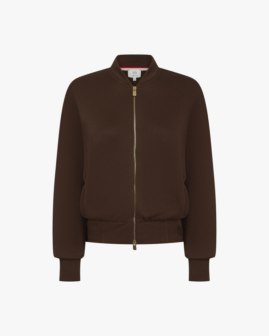 Front view of Emello's chocolate zip-through jacket in buttery-soft lyocell fleece with gold hardware.