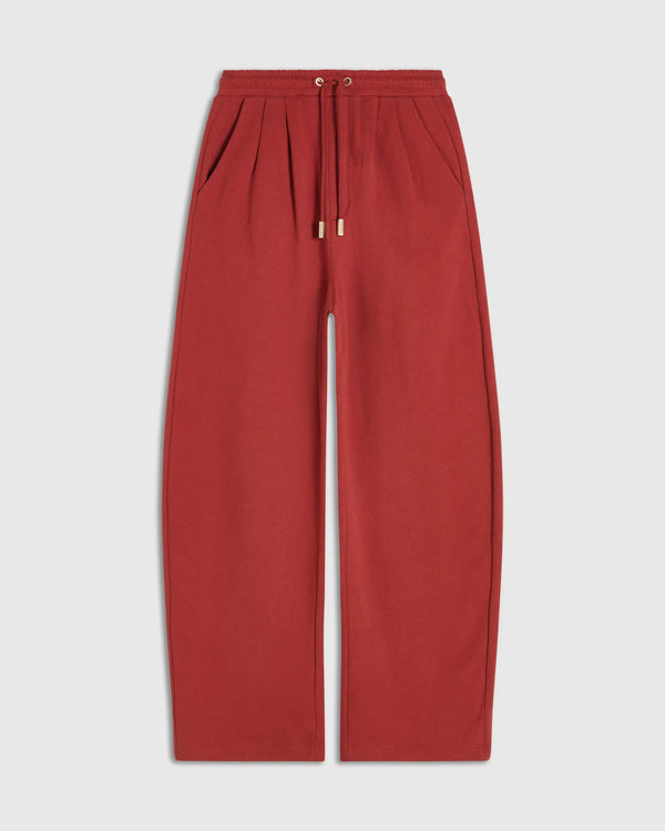 Emello Relaxed Straight Leg Trousers in Muted Rust Red with drawcord waistband and brushed-gold cord ends.
