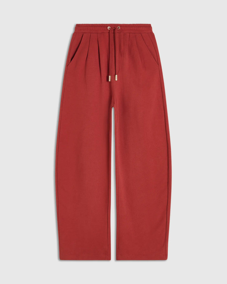 Emello Relaxed Straight Leg Trousers in Muted Rust Red with drawcord waistband and brushed-gold cord ends.