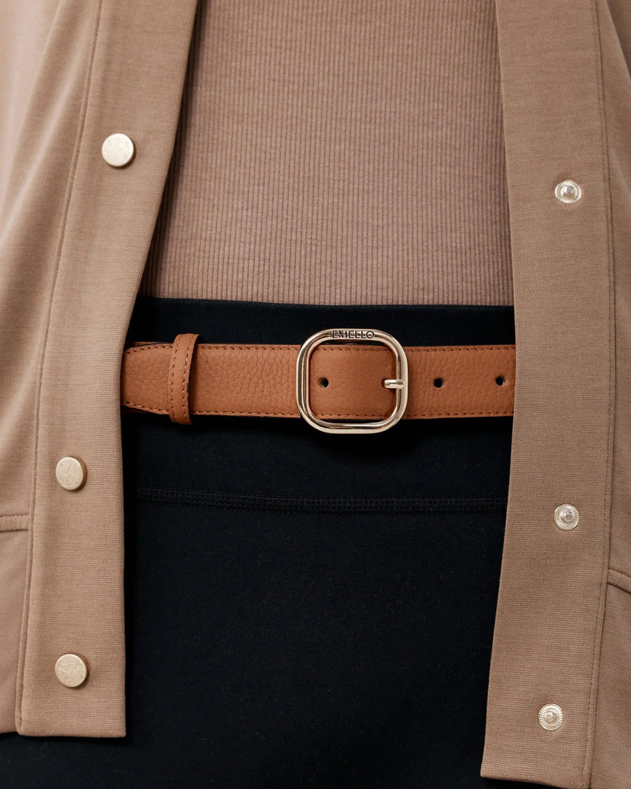 Emello reversible leather belt in tan and cream with square brushed gold buckle.