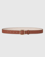 Emello Reversible Leather Belt in tan and cream with a square gold-tone buckle.