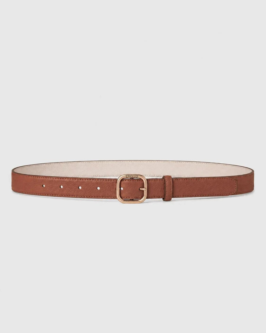 Emello Reversible Leather Belt in tan and cream with a square gold-tone buckle.
