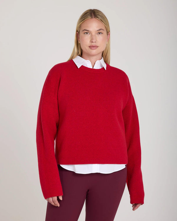 Reversible Jacquard Cashmere Sweater in Red by Emello featuring a refined wardrobe essential in tactile elegance.