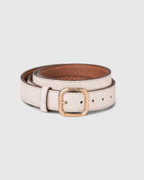 Reversible leather belt in tan and cream with a brushed gold-tone buckle, showcasing Emello's tactile elegance.