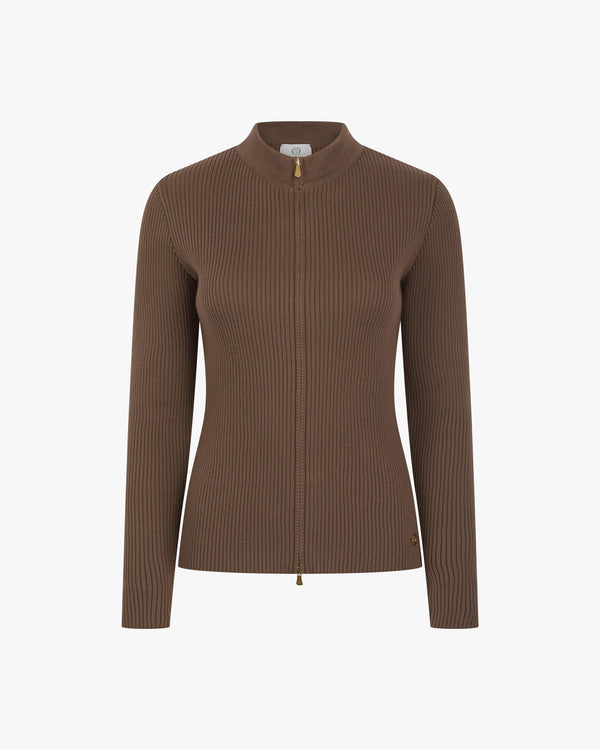 Taupe ribbed zip-through cardigan with gold hardware in cotton cashmere by Emello, featuring a slim fit.