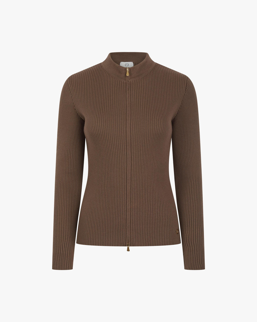 Taupe ribbed zip-through cardigan with gold hardware in cotton cashmere by Emello, featuring a slim fit.
