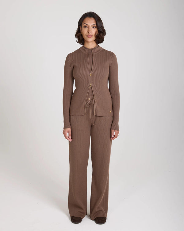 Sorella Ribbed Zip Through Cardigan in Taupe, featuring a slim fit and gold-finish details, crafted in Italy.