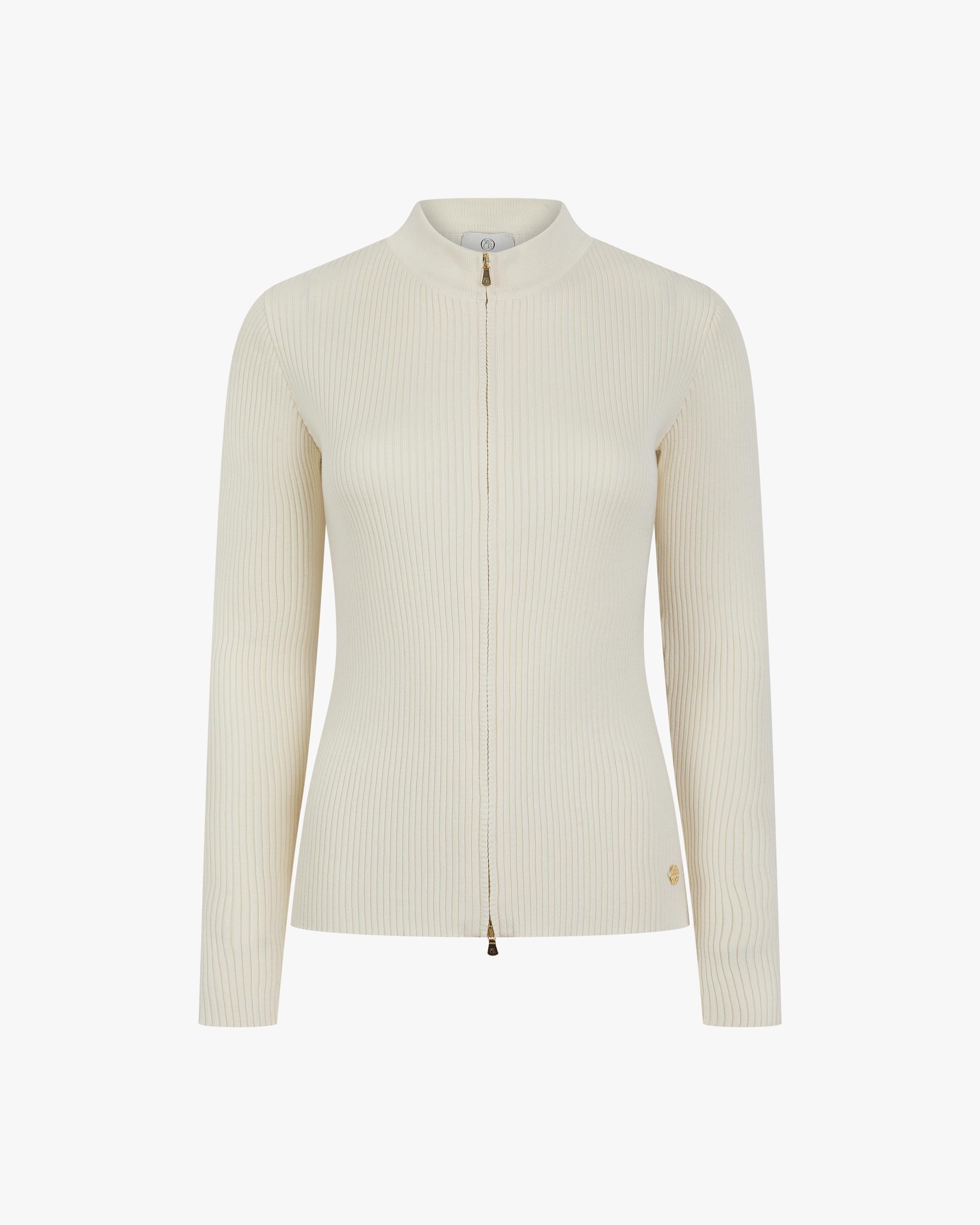 Emello Ribbed Zip Through Cardigan in Cream Cotton Cashmere
