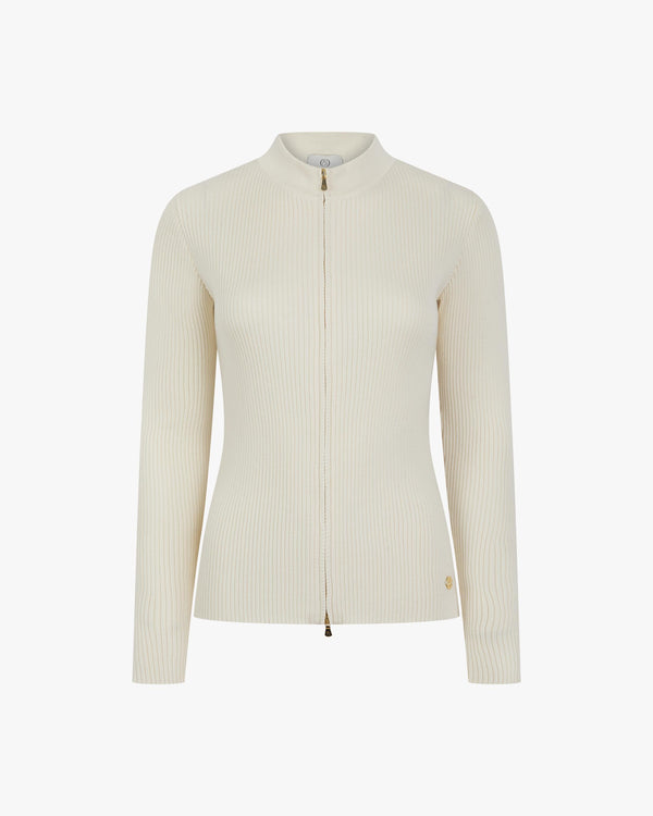 Emello Ribbed Zip Through Cardigan in Cream Cotton Cashmere
