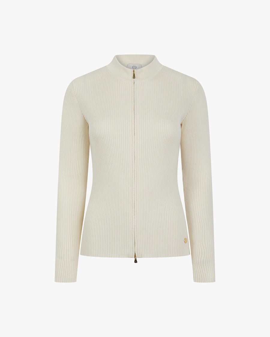 Emello Ribbed Zip Through Cardigan in Cream Cotton Cashmere