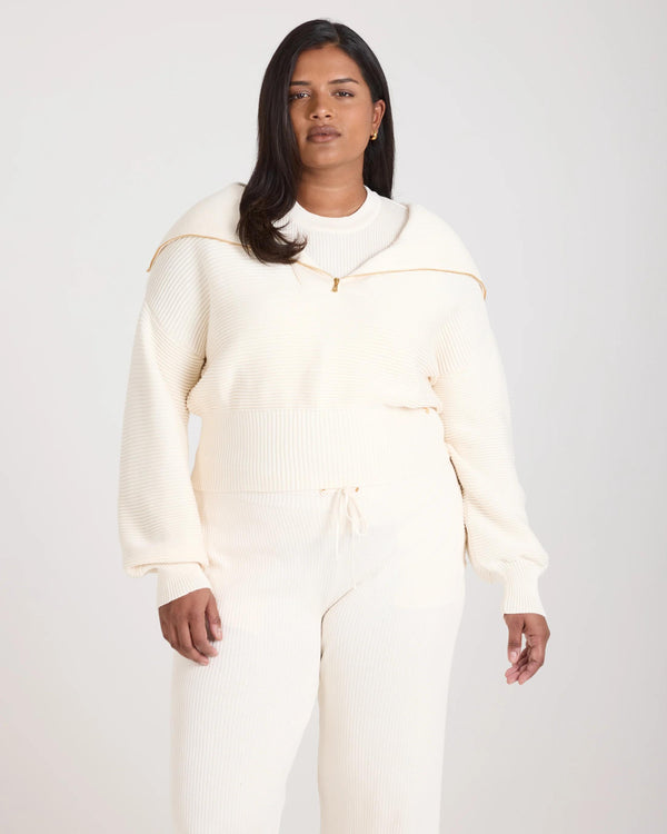Emello Sorella Ribbed Half Zip Jumper in Cream worn by model