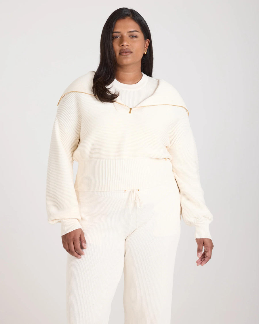 Emello Sorella Ribbed Half Zip Jumper in Cream worn by model